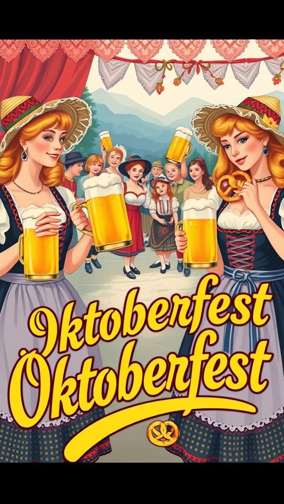 Digital print of an Oktoberfest poster with pretzel mugs of ...