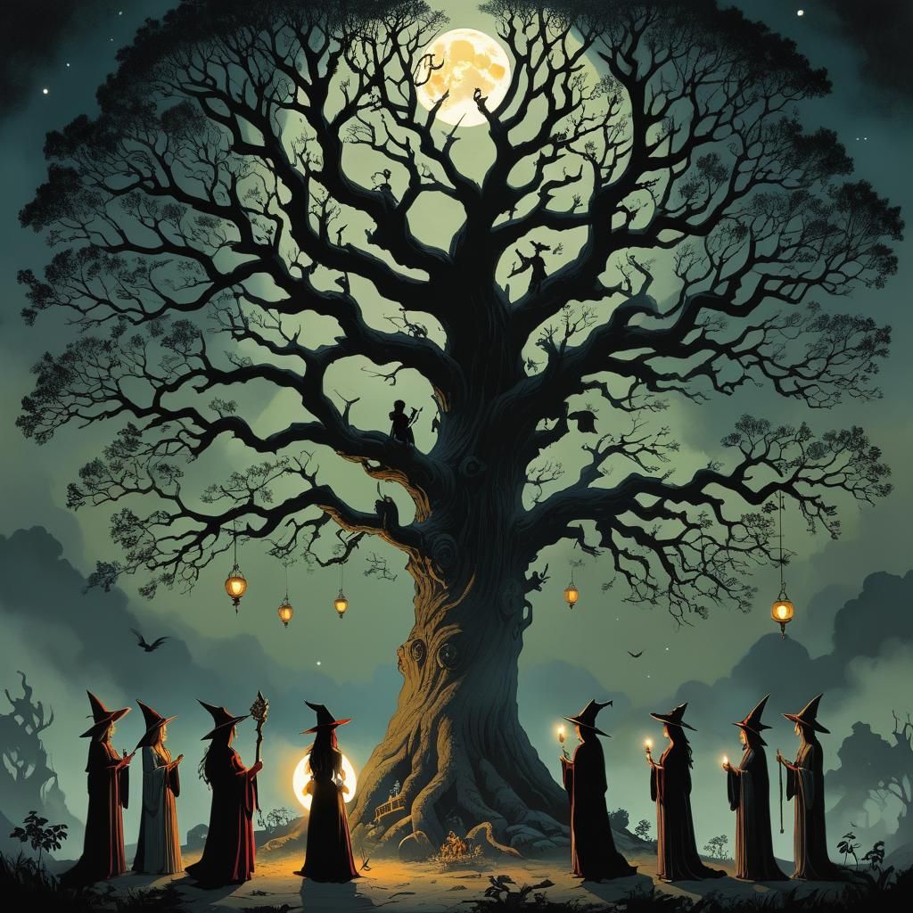 Witches' Moonlit Ceremony in Dark Comic Art Style