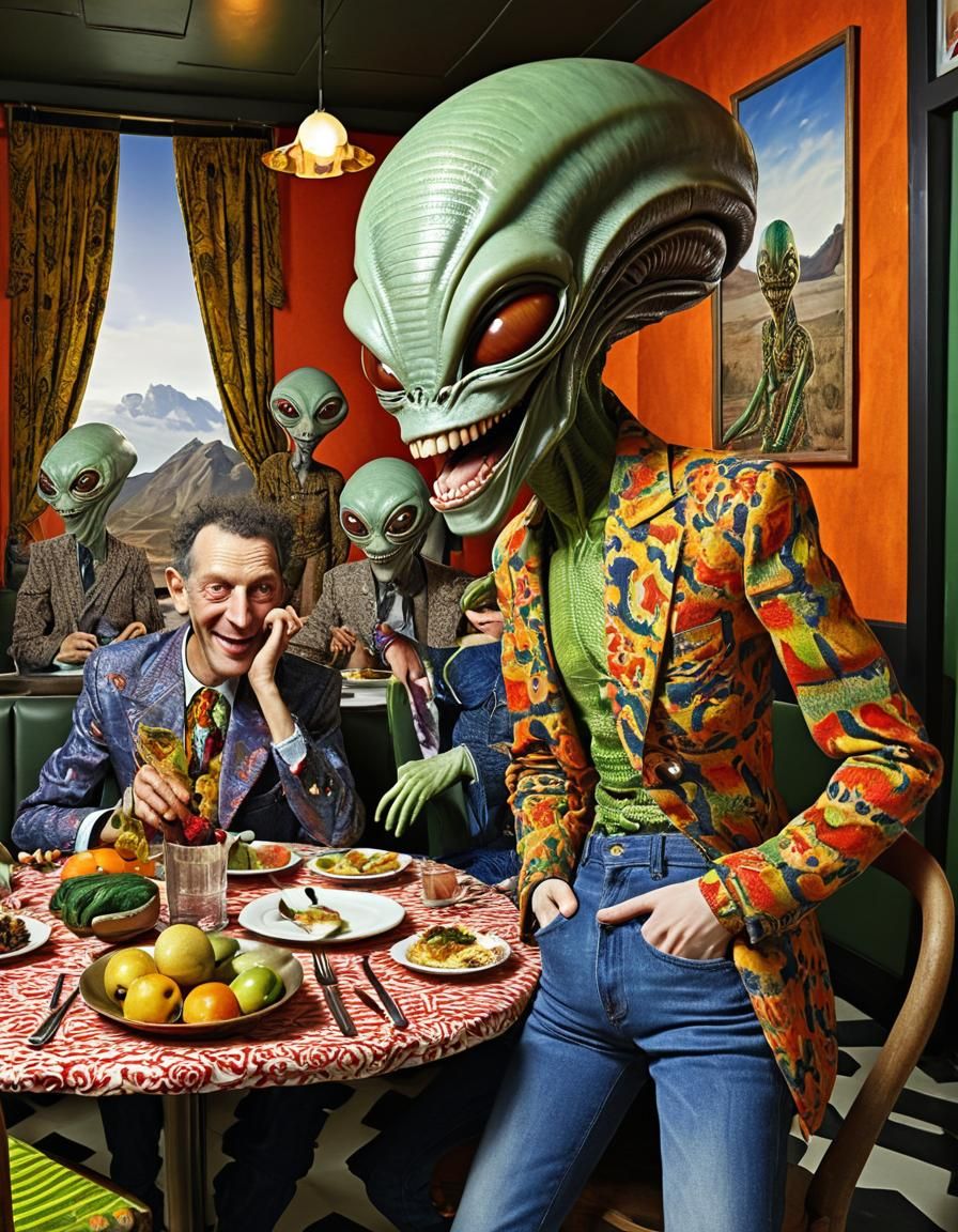 Surreal Alien Restaurant Scene in Vibrant Colors