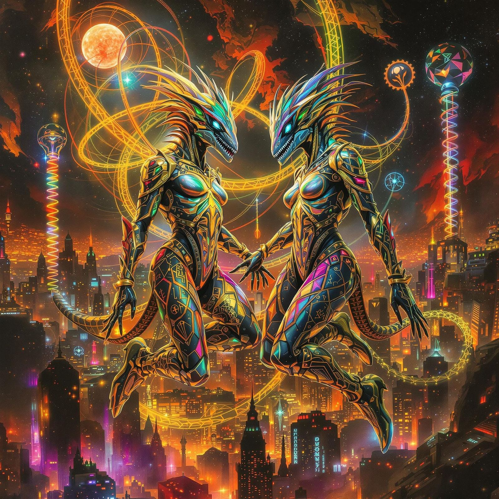 Spinosaur Humanoids Hovering Over Future City