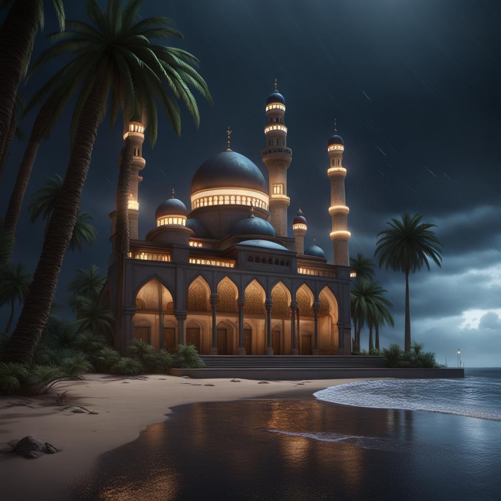 Mosque on Stormy Beach at Night in Detailed Matte Painting