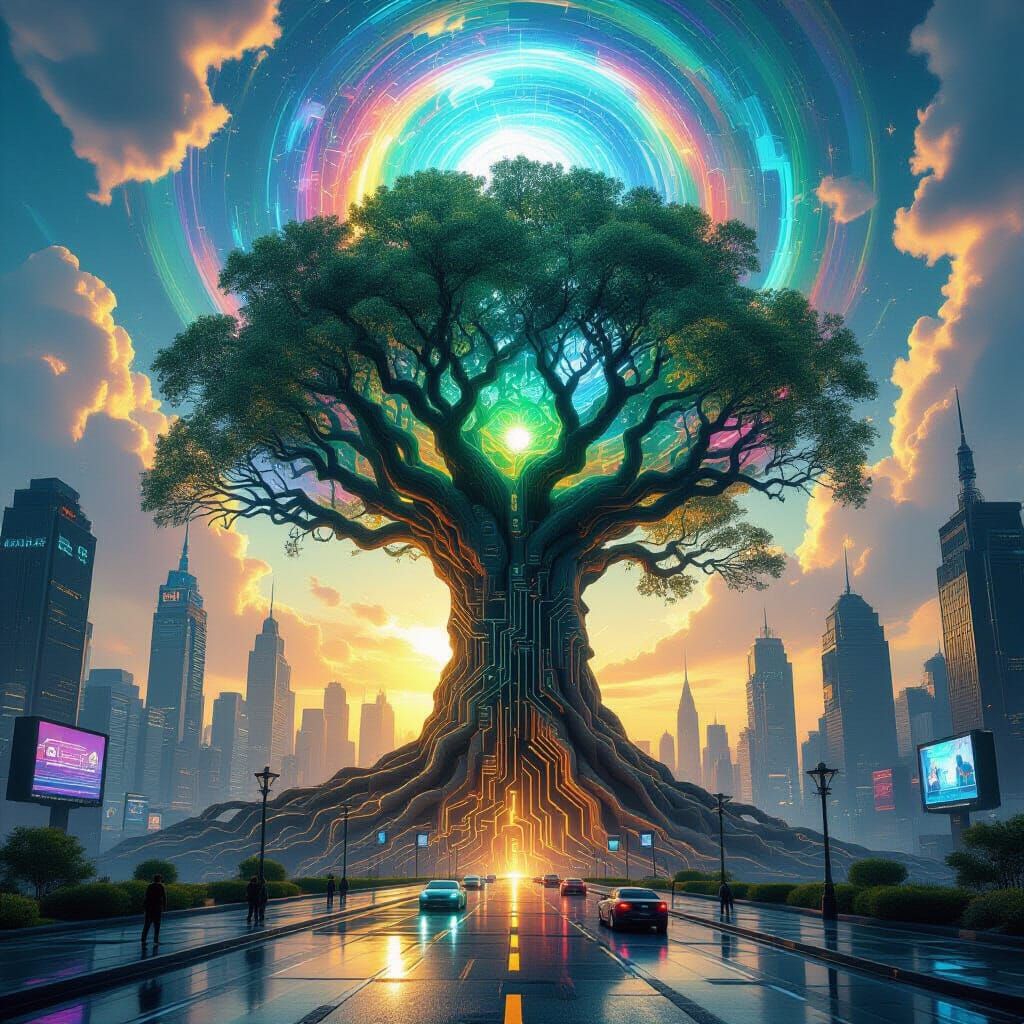 Futuristic Metropolis: Ancient Tree with Circuit Roots
