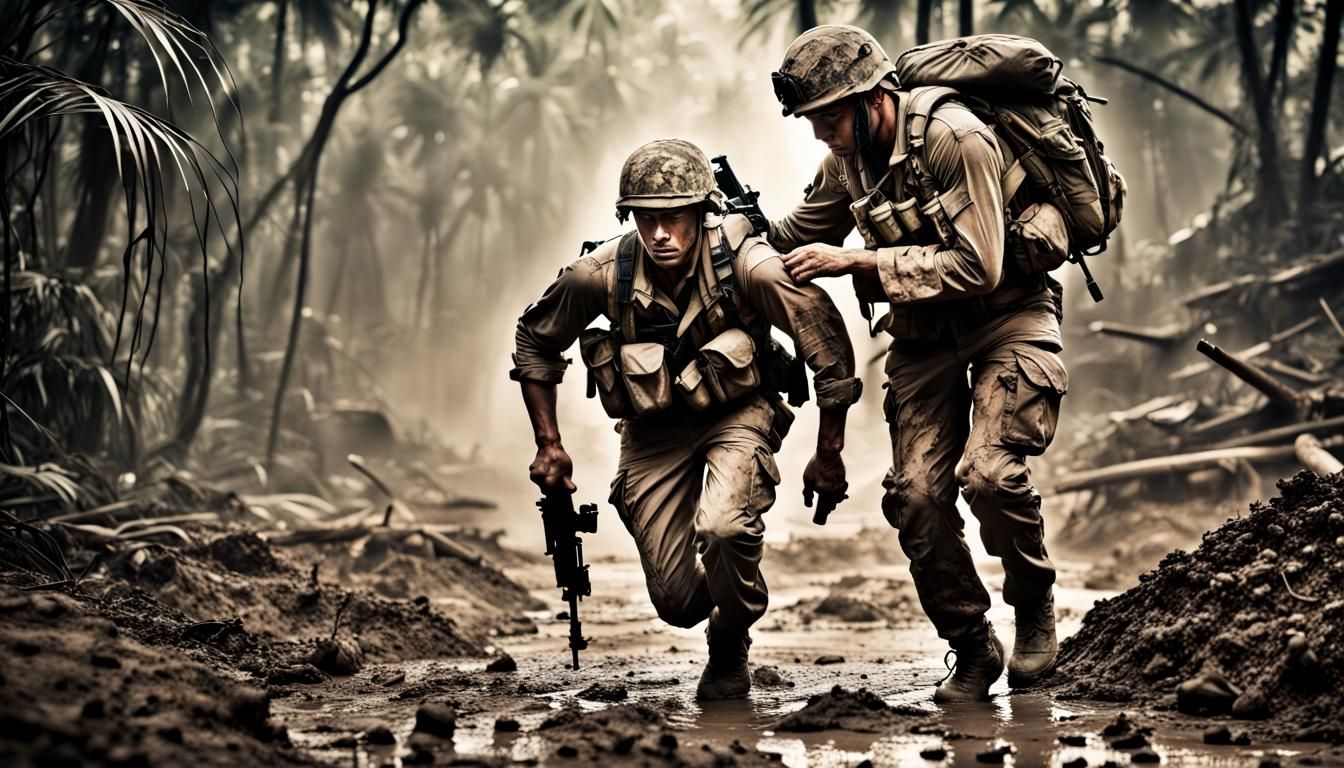 Soldier Rescuing Wounded Comrade in Jungle