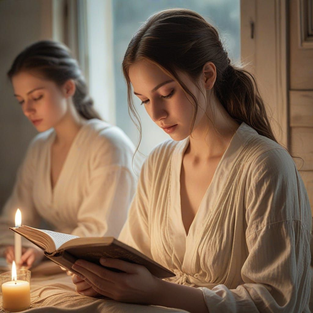 Women Contemplating Scripture in Soft, Golden Light