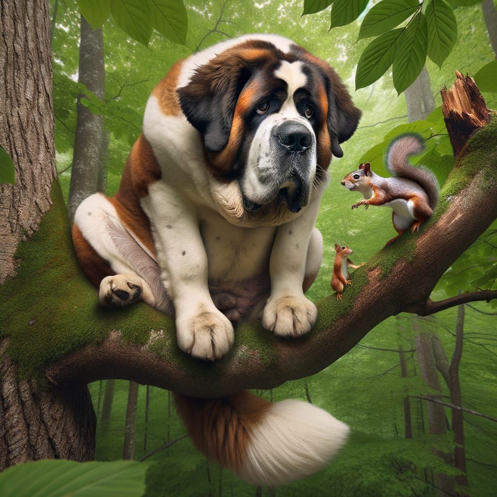 Giant St Bernard Perched on Tree Branch with Squirrel