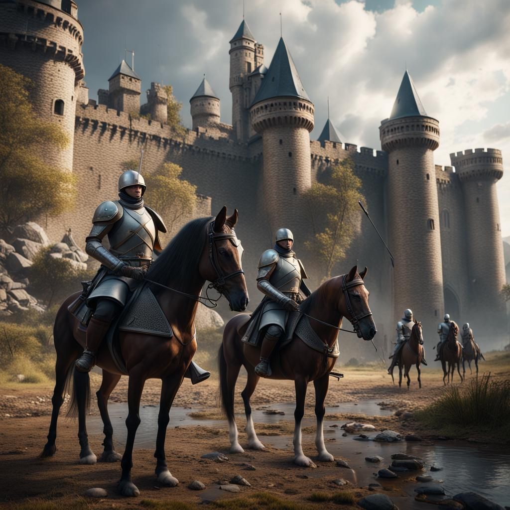 Hyperrealistic Soldiers on Horses Outside Castle