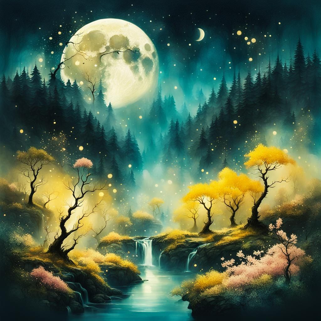 Dreamlike Moon Forest with Waterfalls in Ink Splatter Art