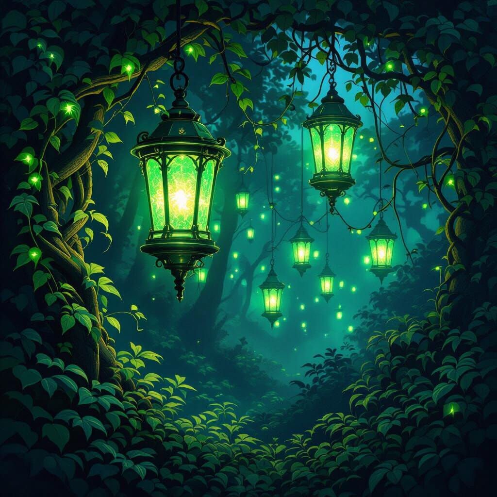 Green Lanterns of Hope in Enchanted Forest