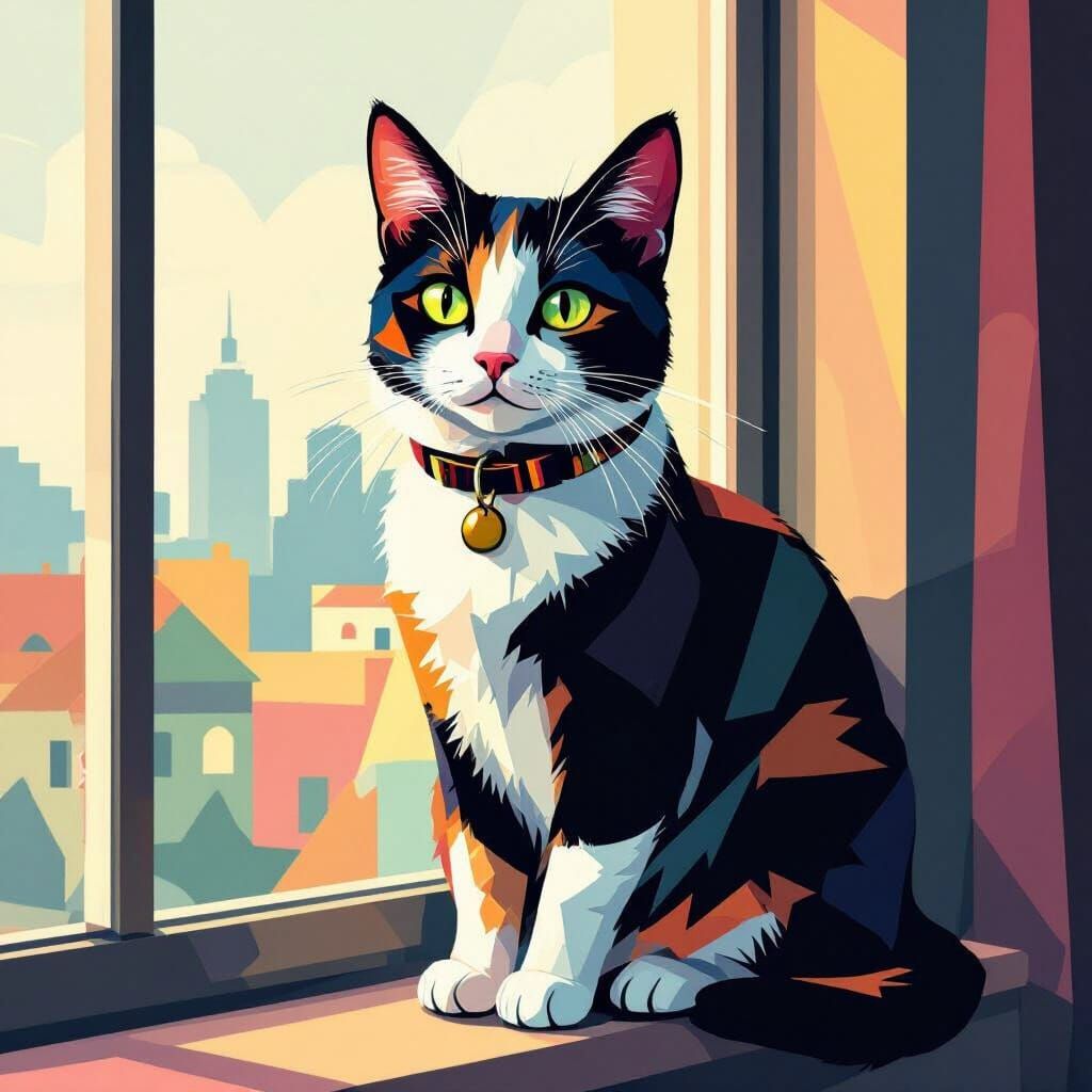 Geometric WPAP Cat Portrait on Windowsill
