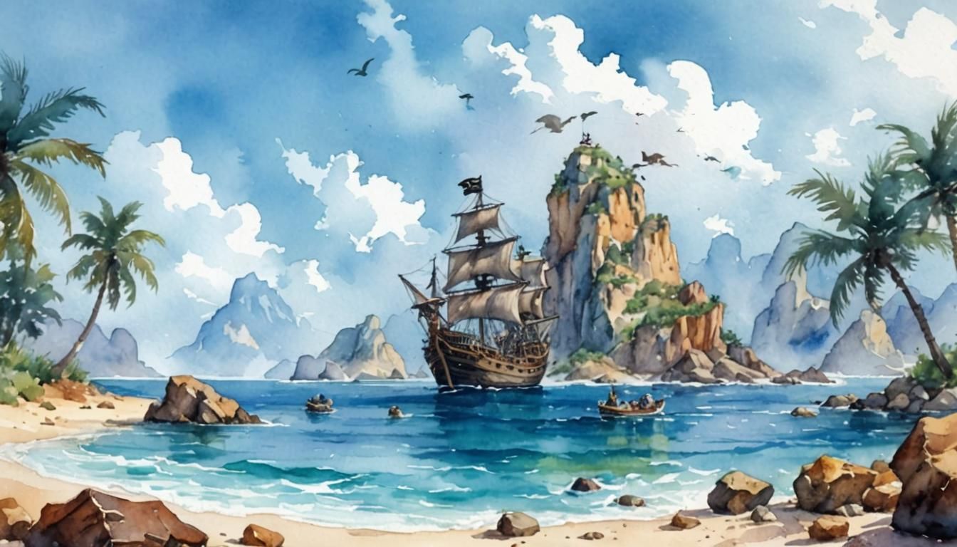 Pirate Rock Band with Treasure: Watercolor Painting