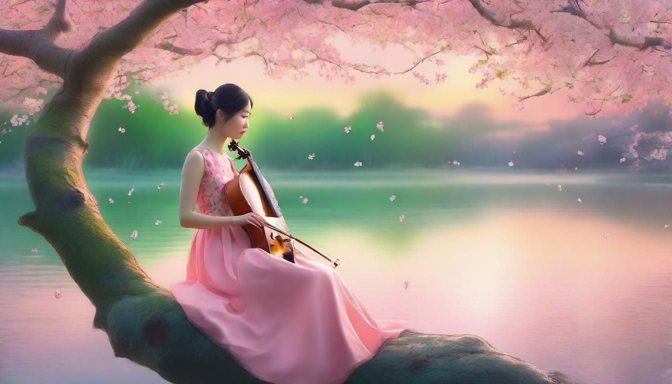 Girl with Cello in Pink and Green Digital Art