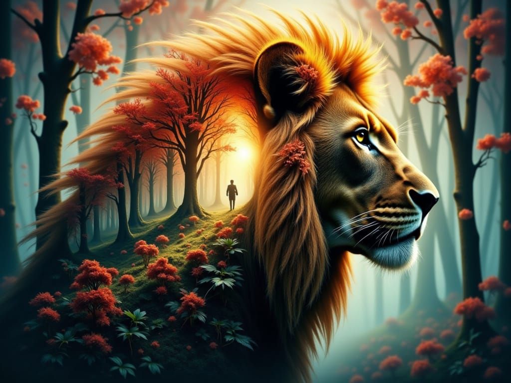 Majestic Lion in Enchanted Forest Landscape