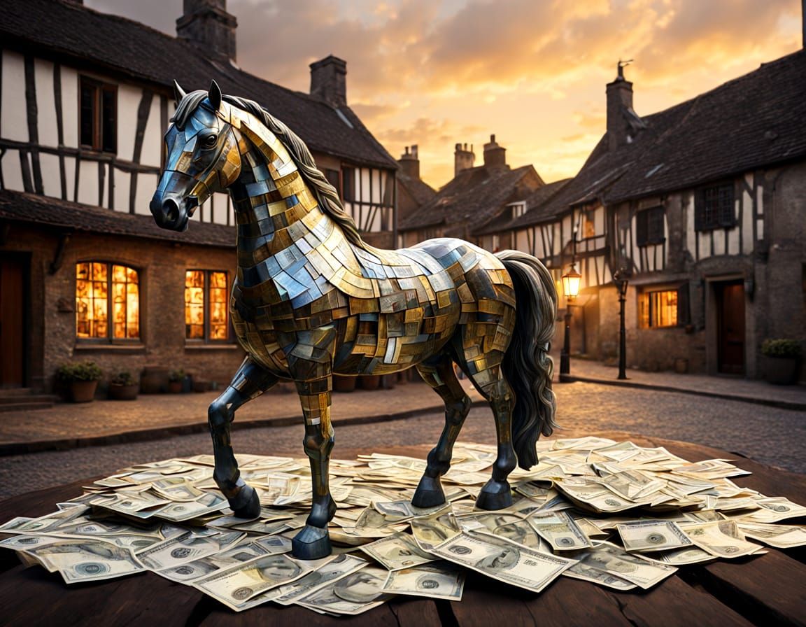 Horse Statue of £5 Notes in 17th Century Village