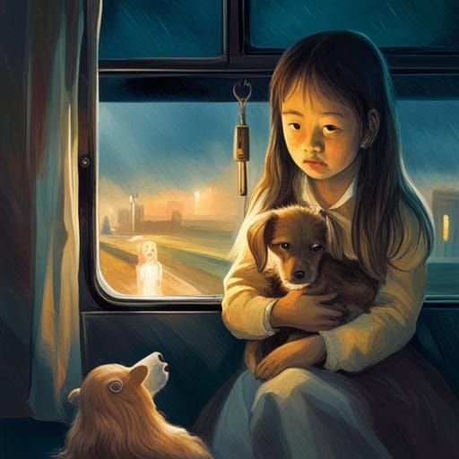 Begging Girl at Rainy Window in Cinematic Style