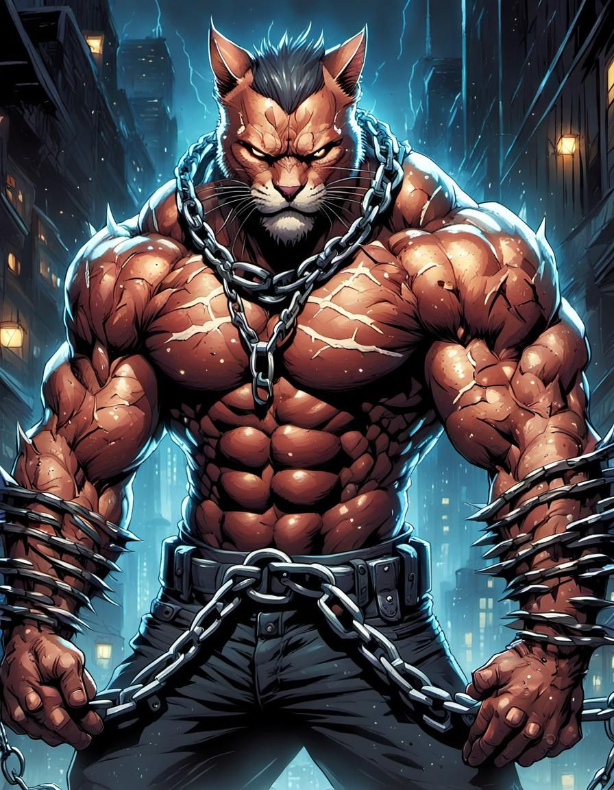 anthropomorphic cat man with massive muscular muscle ,8k resolution concept art with chains,spikes and huge claws