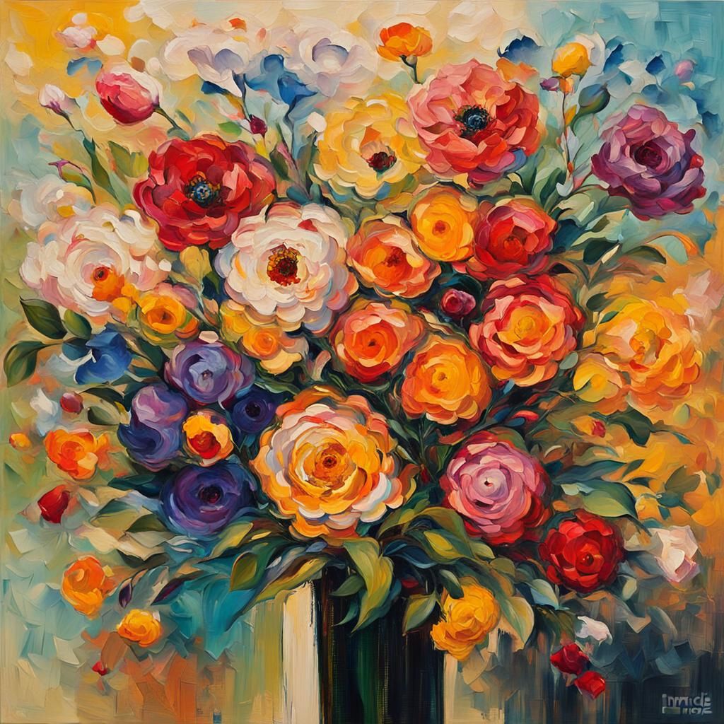 Vibrant Flower Bouquet in Abstract Expressionist Style