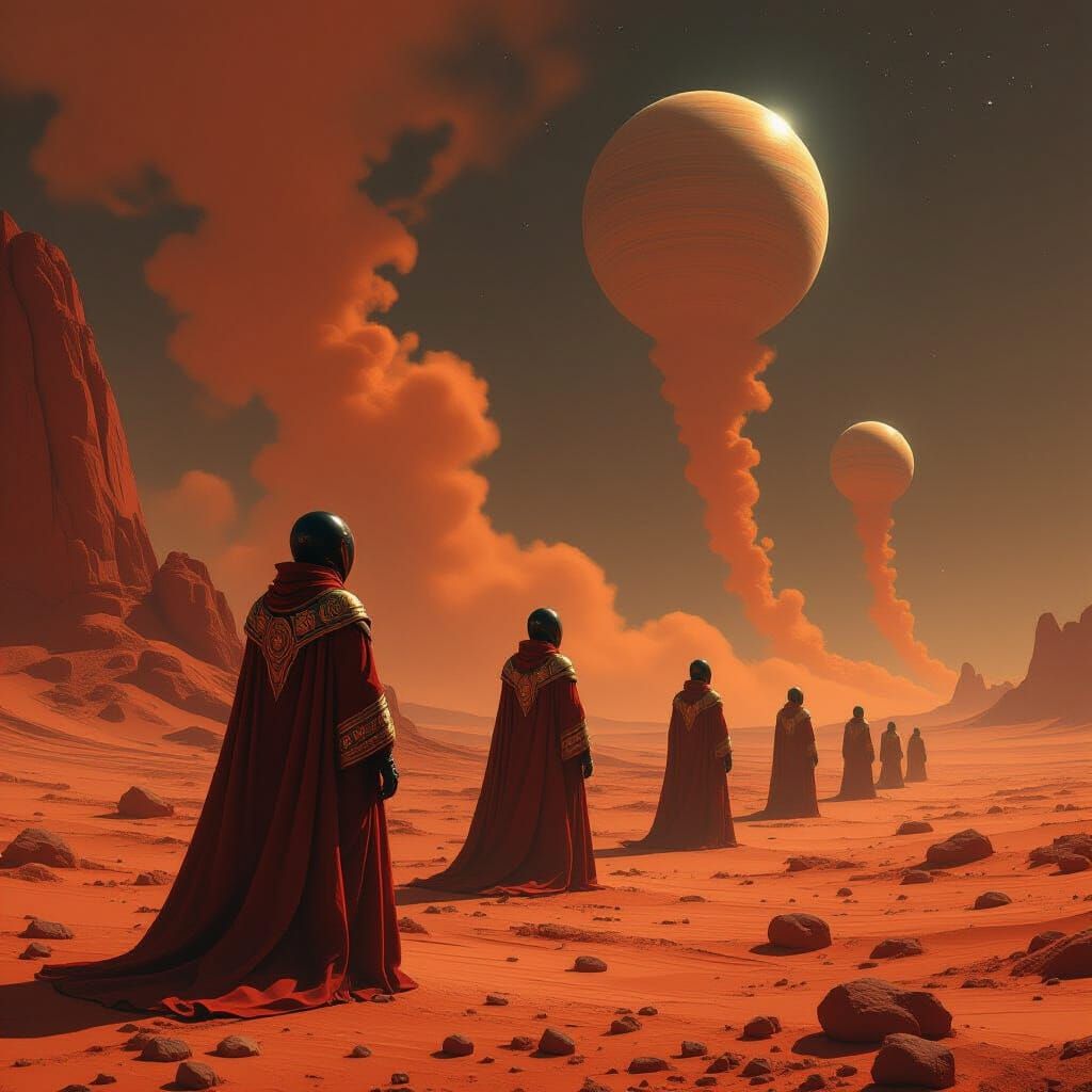 Martian Leaders on Red Planet in Sci-Fi Style