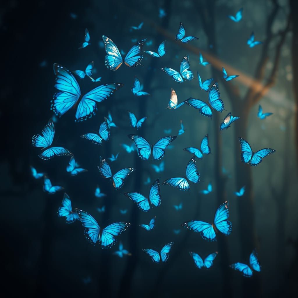 Ethereal Blue Butterflies Ascend Dark Forest