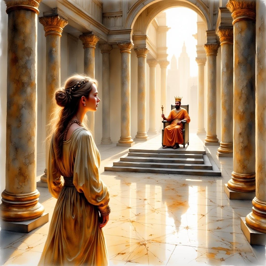 Queen Esther Faces King Xerxes I in Watercolor