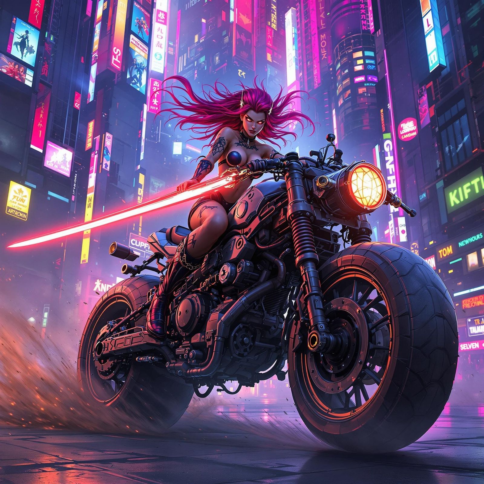 Cyberpunk Valkyrie Rides Through Neon Cityscape