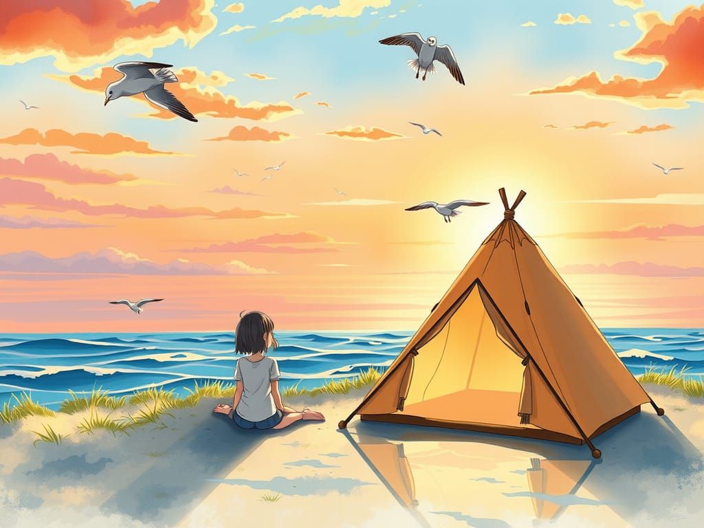 Yuru Camp Anime Scene at Sunset in Watercolor Style