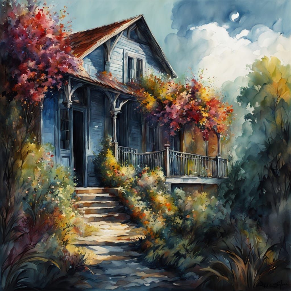 Sunny Landscape Charcoal Drawing in Gouache Style