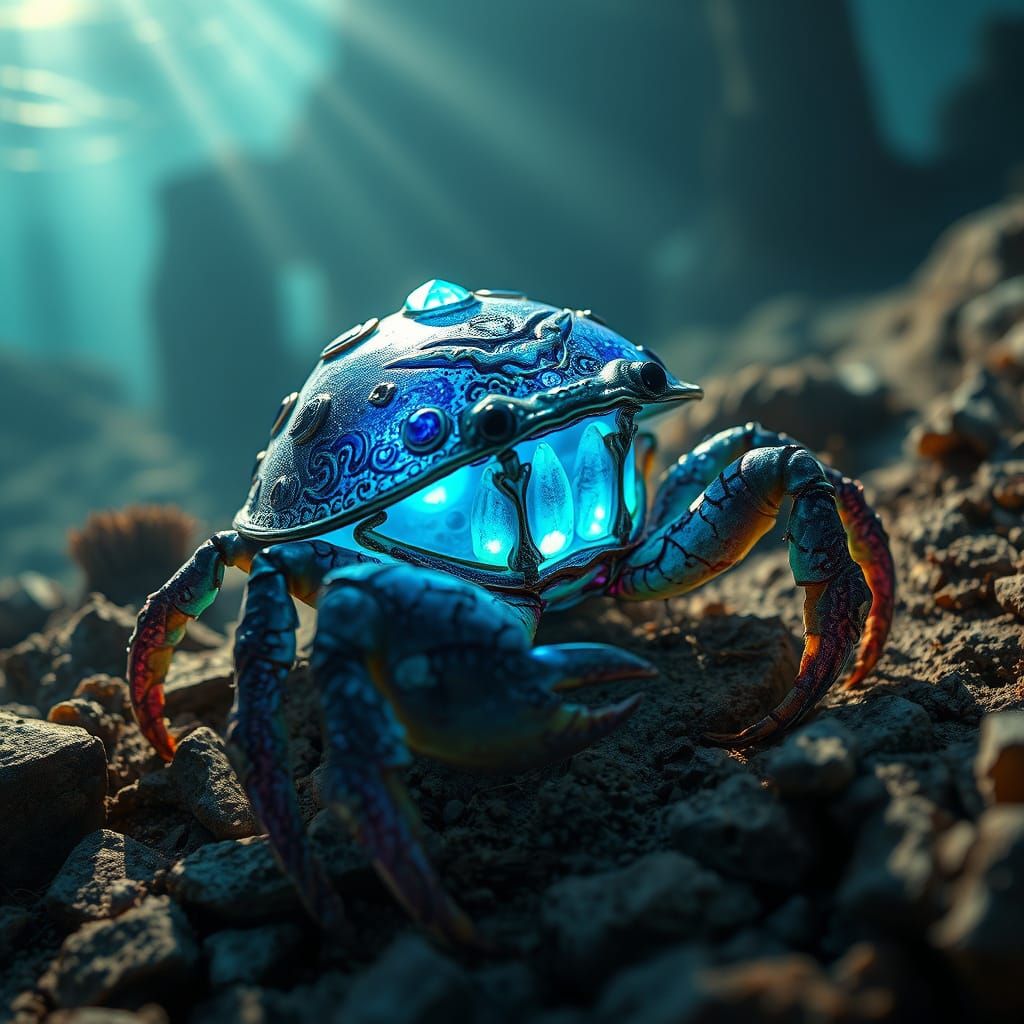 Bioluminescent Hermit Crab Exploring Sunken City Ruins