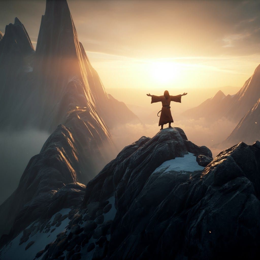 Heroic Figure Embraces Sunrise on Mountain Peak