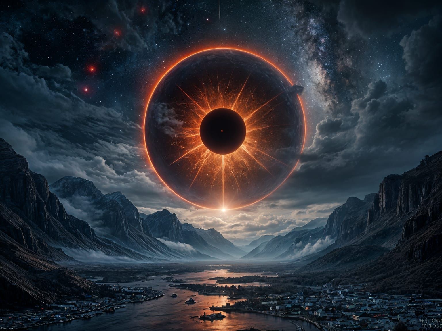 Giant Scarlet Eye Watches Over Moonlit Valley in Dark Fantas...