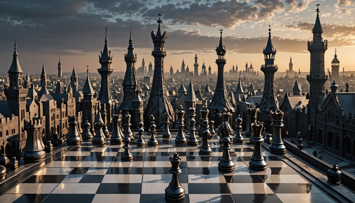 Chess Piece Cityscape in Hyperrealistic Digital Art