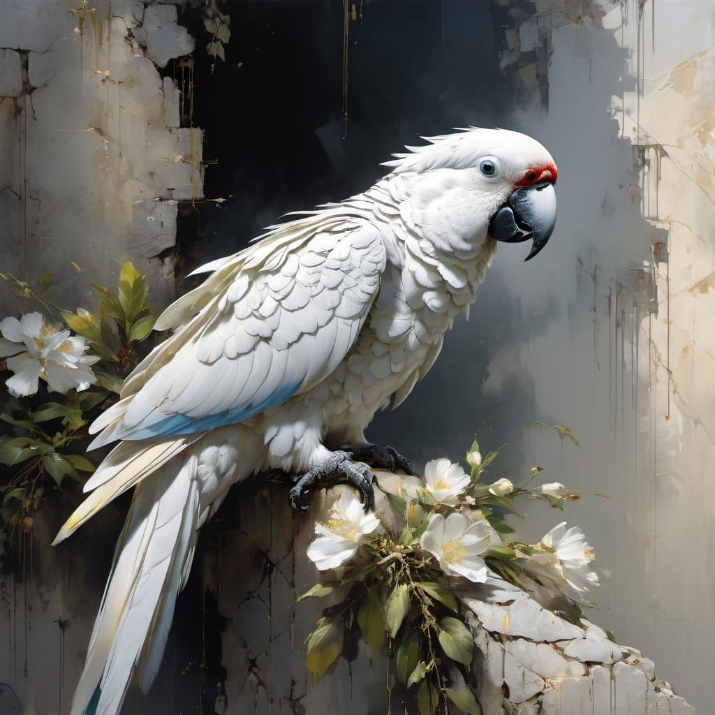 Ornate White Parrot on Stone Ledge, Matte Painting