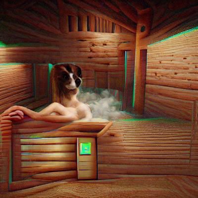 Dog and Mysterious Man in Sauna, 8K Resolution