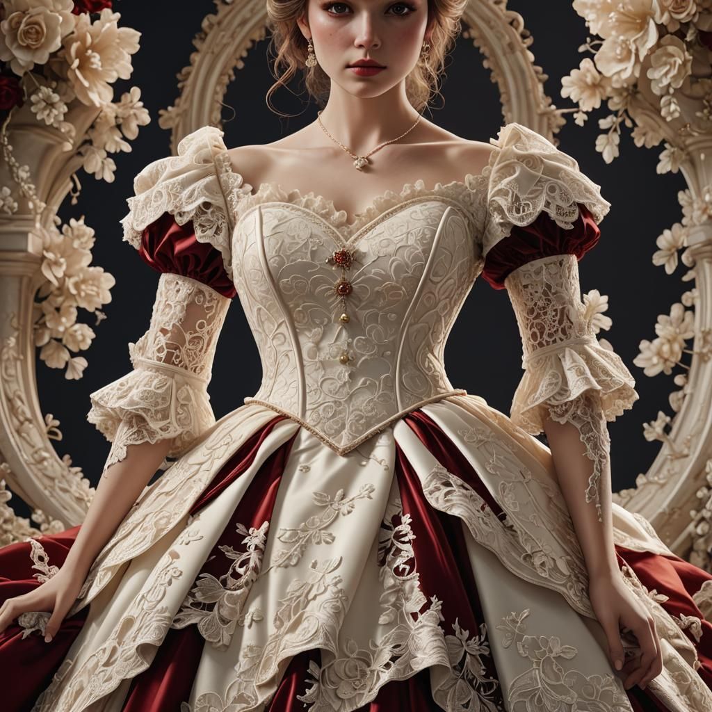 Cream Lace Wedding Dress in Dark Red Satin