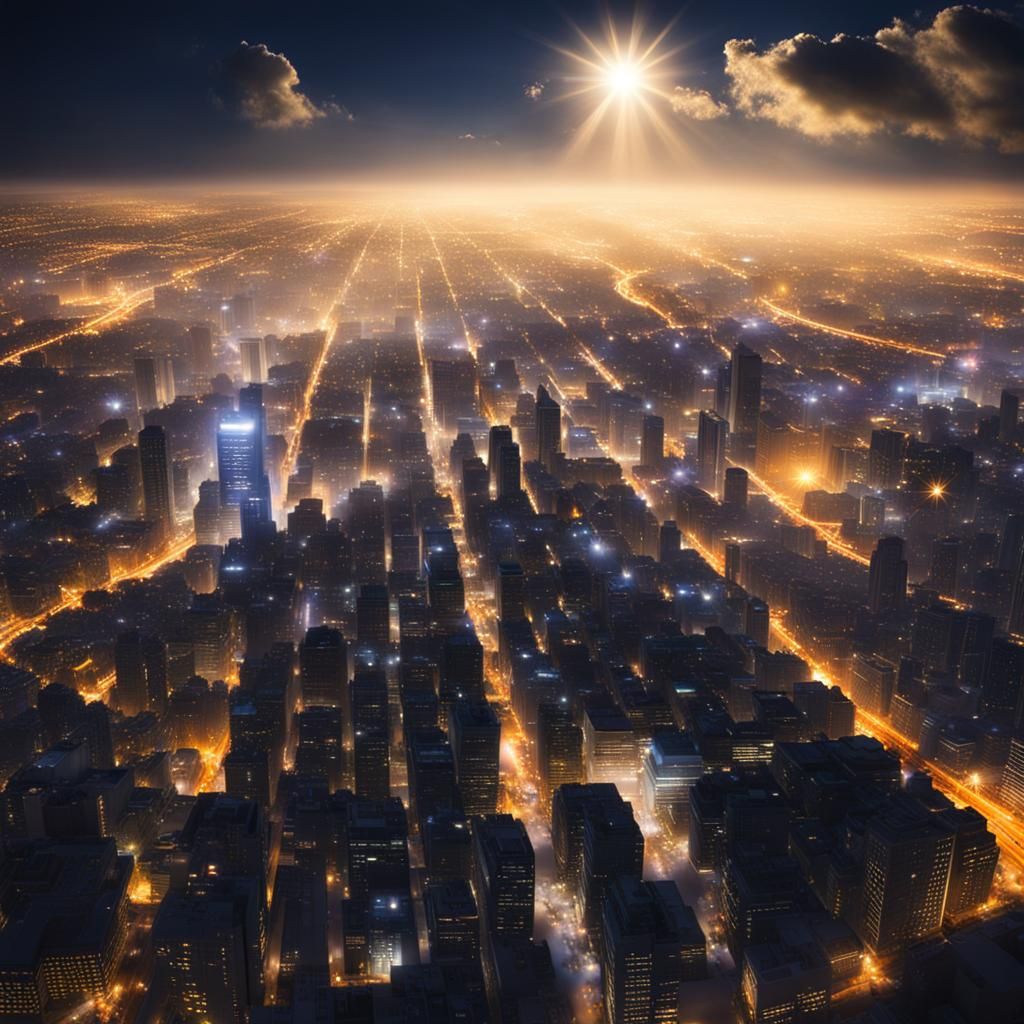 Divine Sunshine Over Night Cityscape