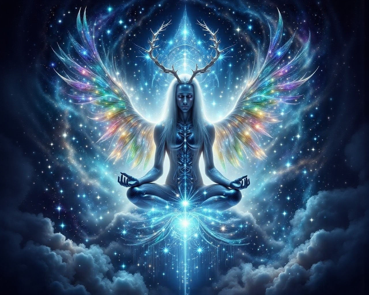 Cosmic God in Yoga Pose with Rainbow Wings