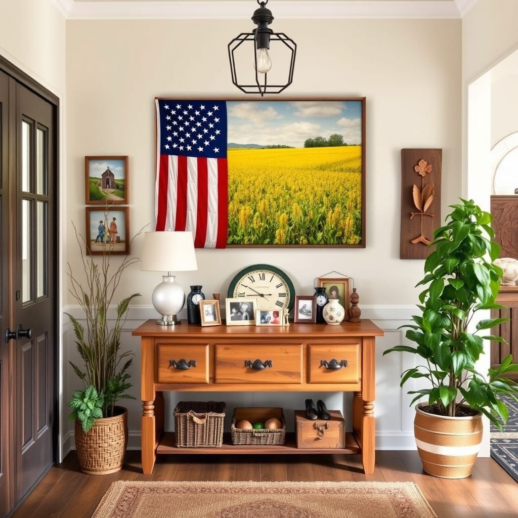 American Country Hall Decor with Flag and Cornfield Art