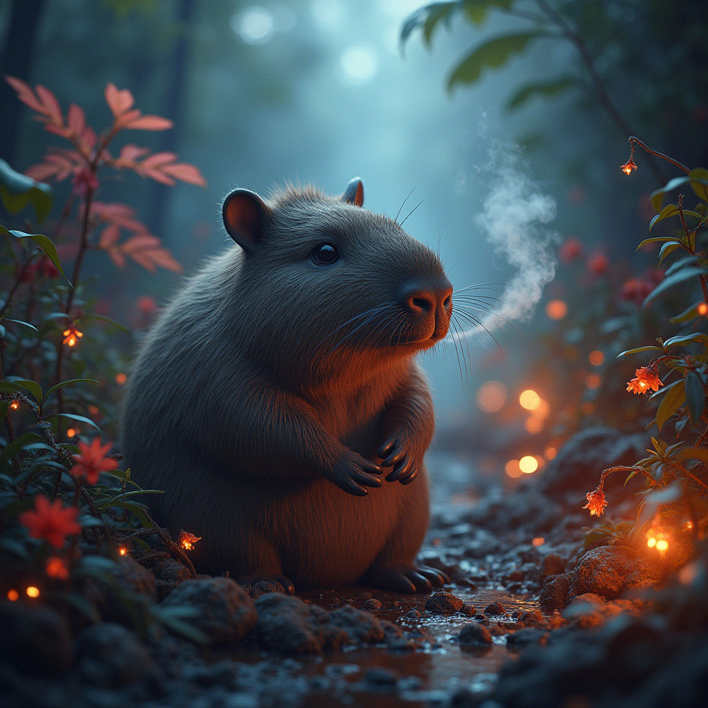 Capybara Smoking in Dreamlike Fantasy Landscape