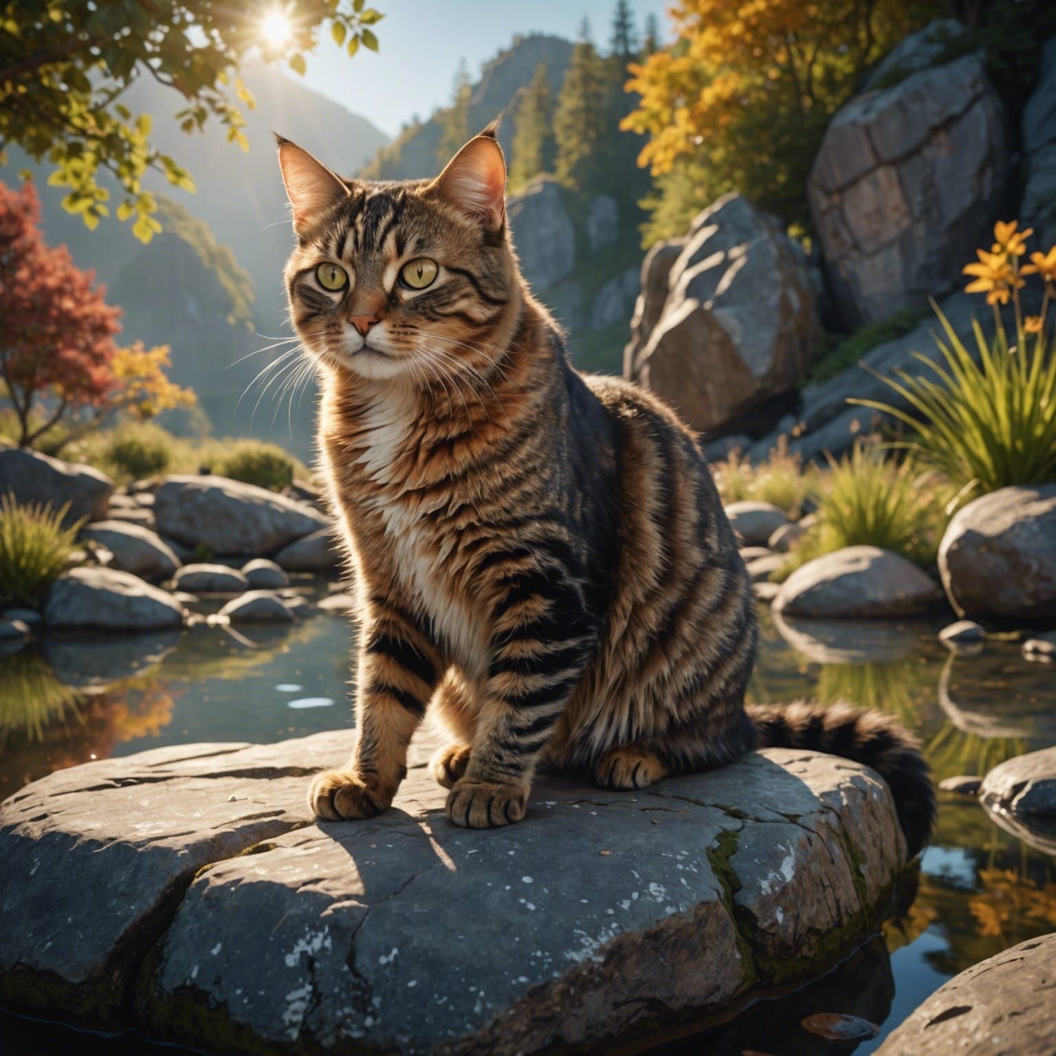 Cat Lounging on Rock: Detailed Matte Painting