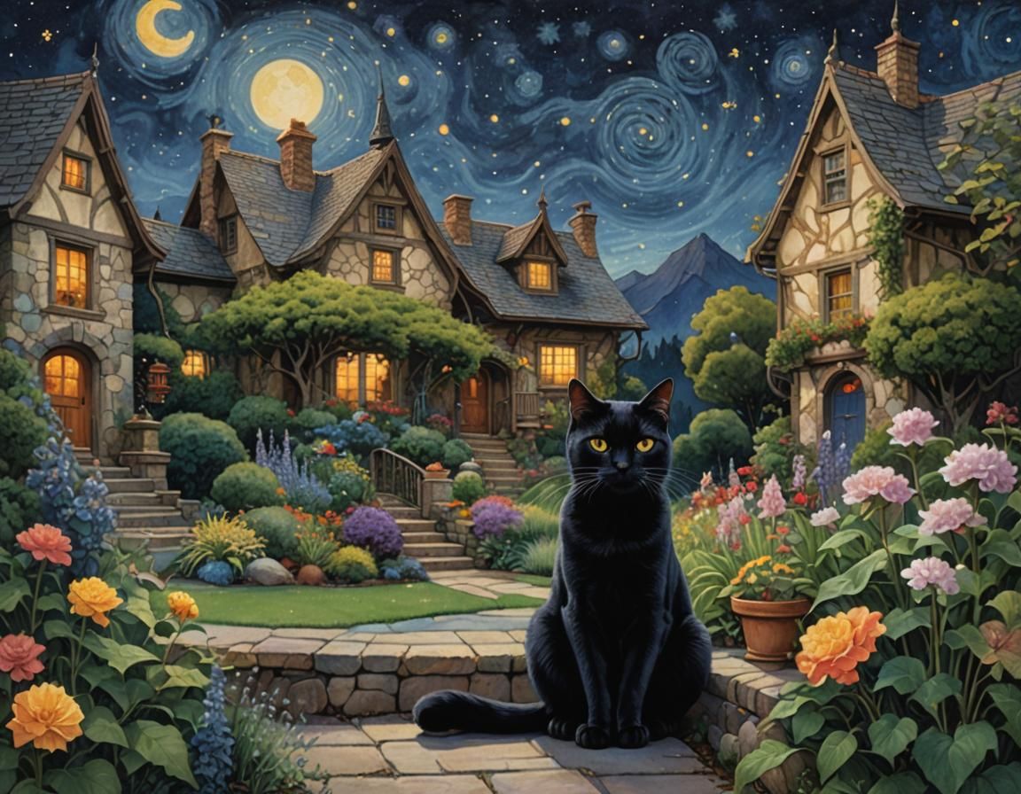 a black cat in the garden