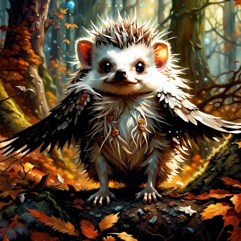 Winged Hedgehog in Enchanted Forest, Digital Art