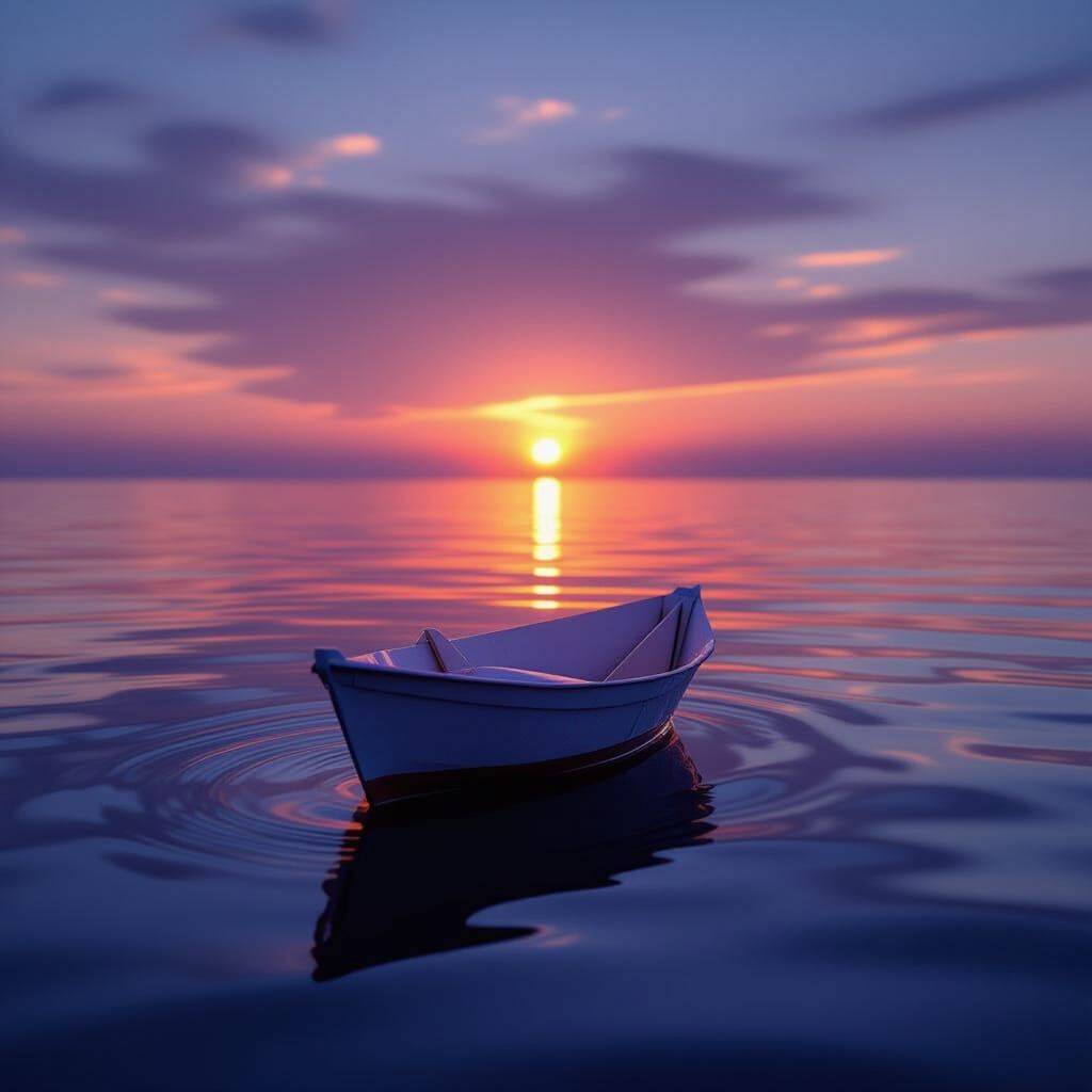 Weathered Paper Boat on Calm Sea at Twilight