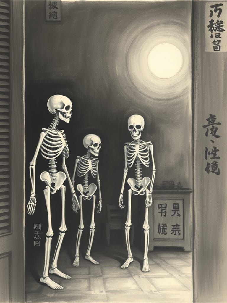 Charcoal Ukiyo-e Art Depicting Mysterious Skeletons in Bokeh