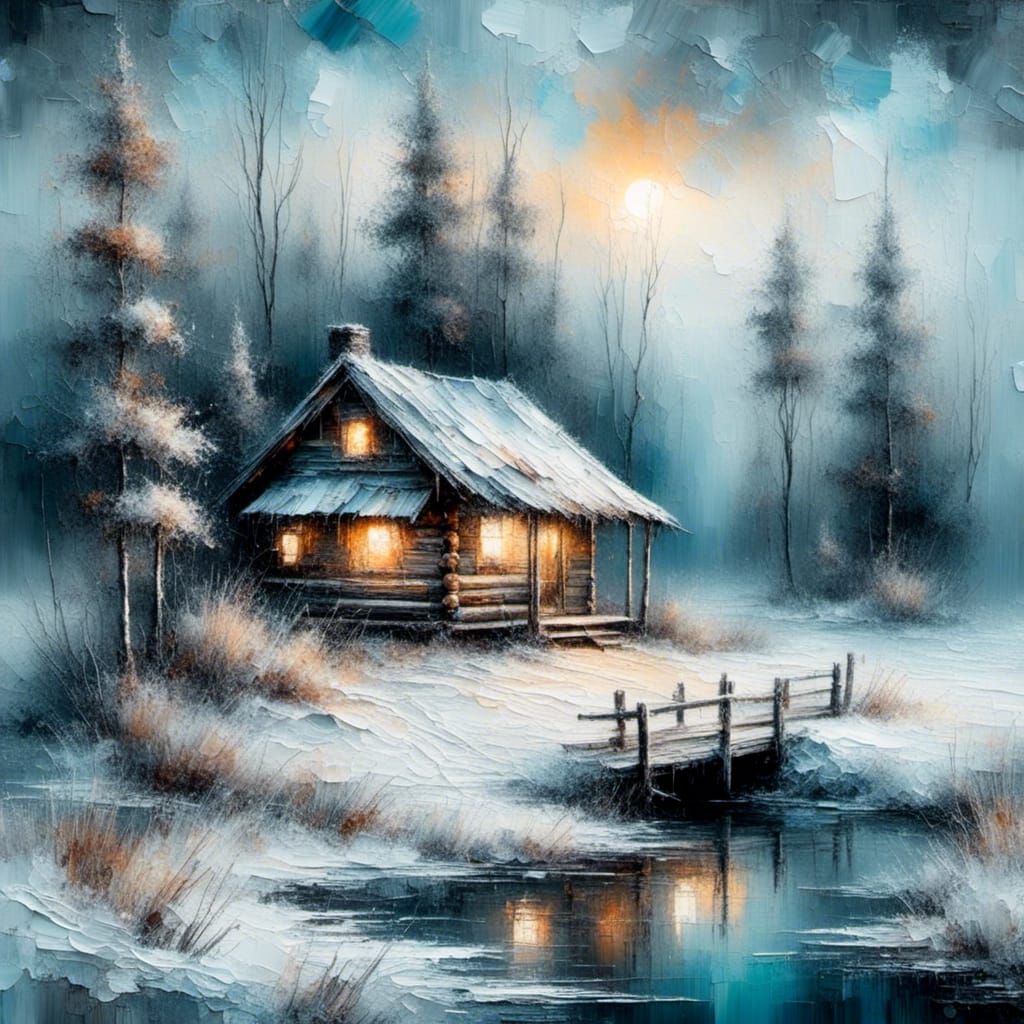 Winter Landscape Painting with Log Cabin by Lake