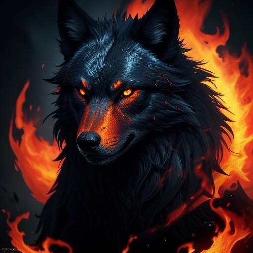 Shadow Wolf Surrounded by Fire in Dark Fantasy Style