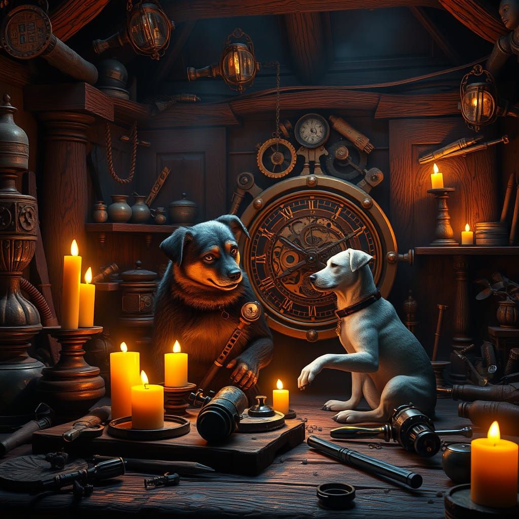 Dog in Fantastical Workshop Repairing Mystical Clockwork Dev...