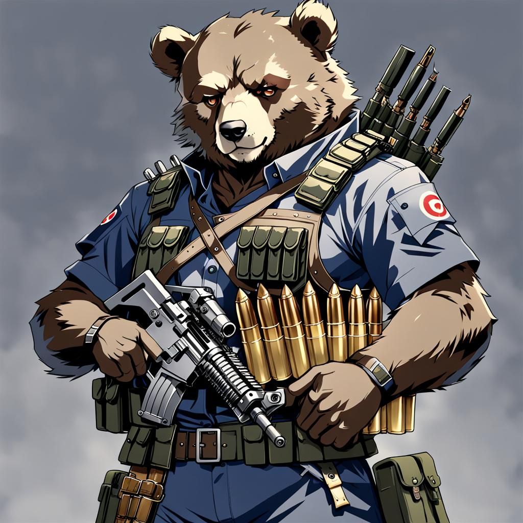 Anime Bear Warrior with Machine Gun