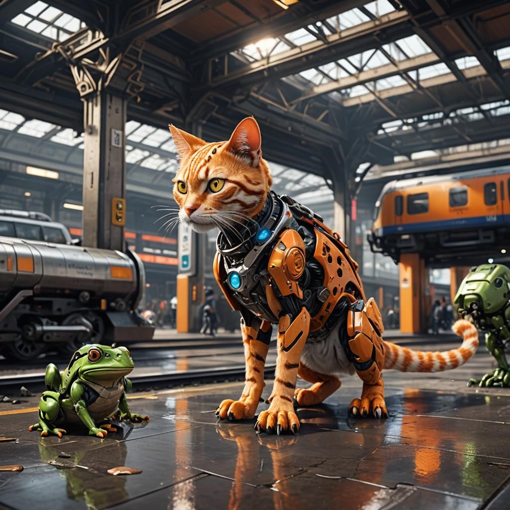 Hyperrealistic Orange Cat Greets Robot Frogs: Sci-Fi Art