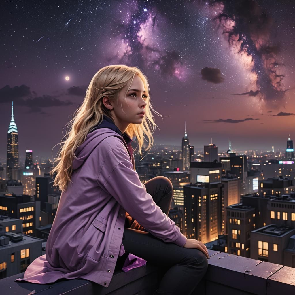 Teen Girl Stargazing: Detailed Fantasy Art
