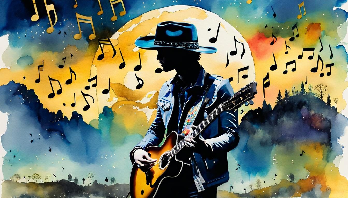 Surreal Guitarist Portal with Rock Band, Watercolor Art