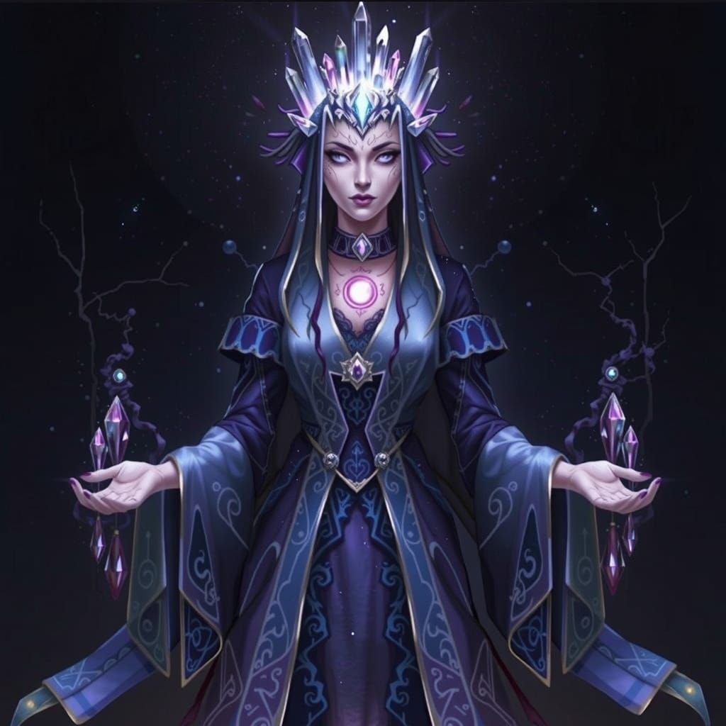 Elegant Sorceress with Crystal Crown and Cosmic Energy